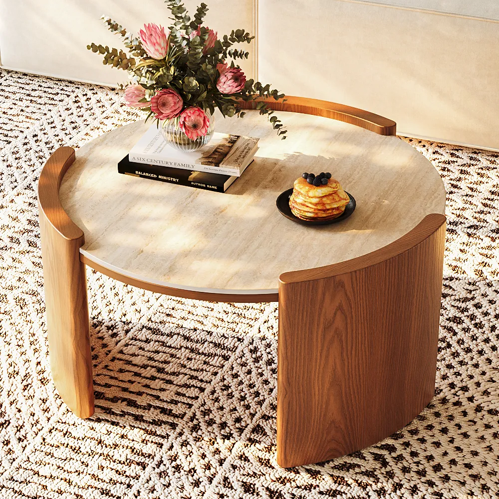 walnut round matte sintered stone coffee table 80cm