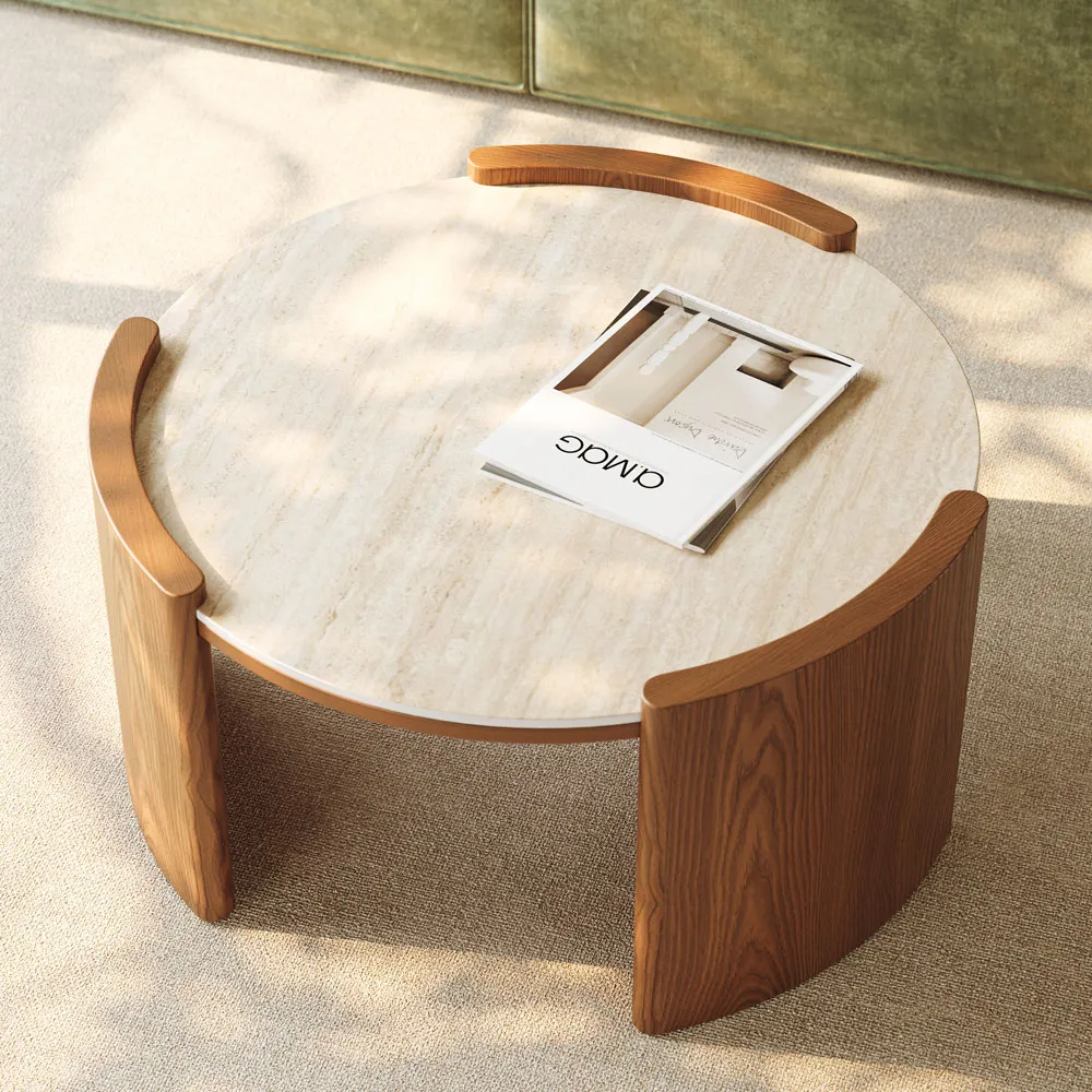 walnut round matte sintered stone coffee table 80cm