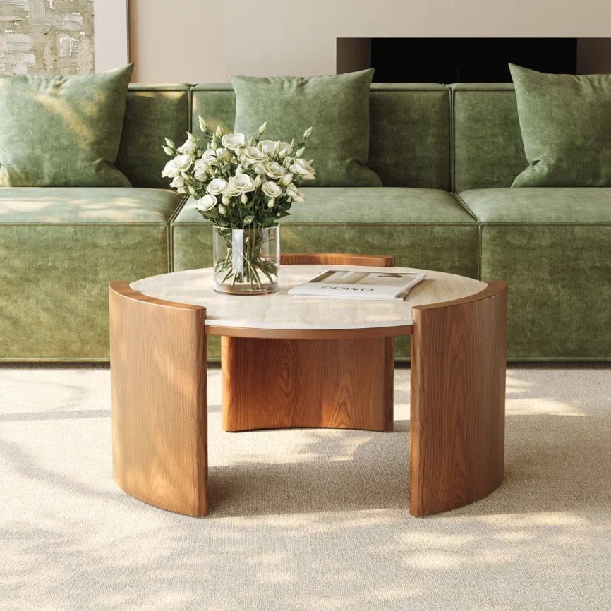 walnut round matte sintered stone coffee table 80cm