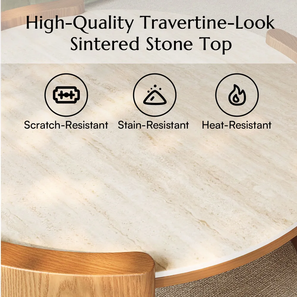 walnut round matte sintered stone coffee table 80cm
