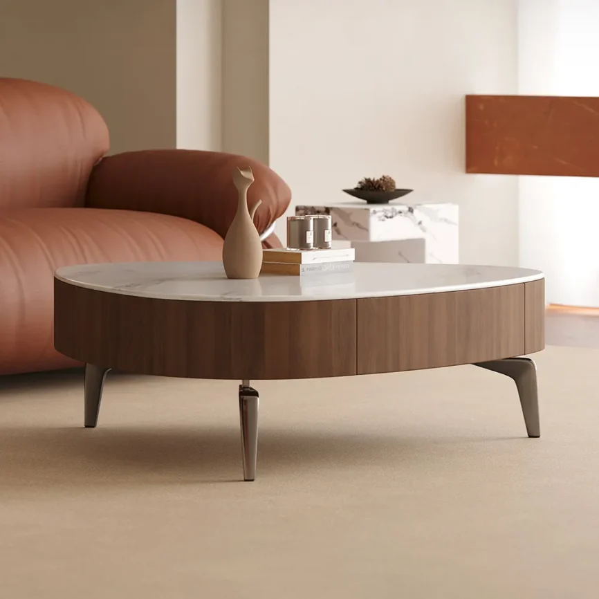 walnut sintered stone coffee table with storage drawer