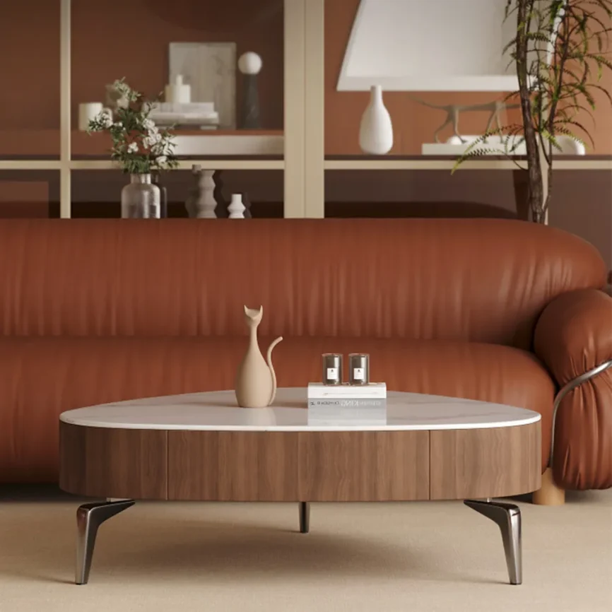 walnut sintered stone coffee table with storage drawer