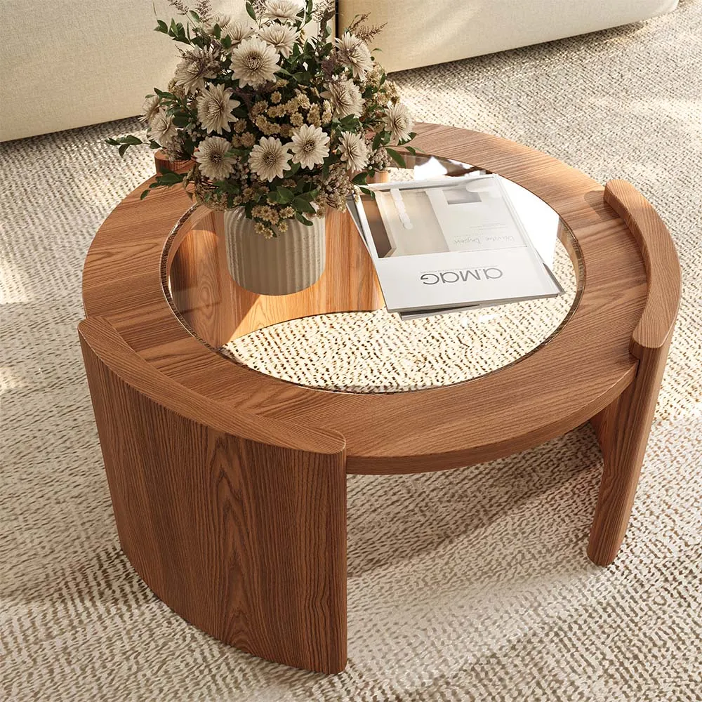 Walnut Wood and Glass Coffee Table