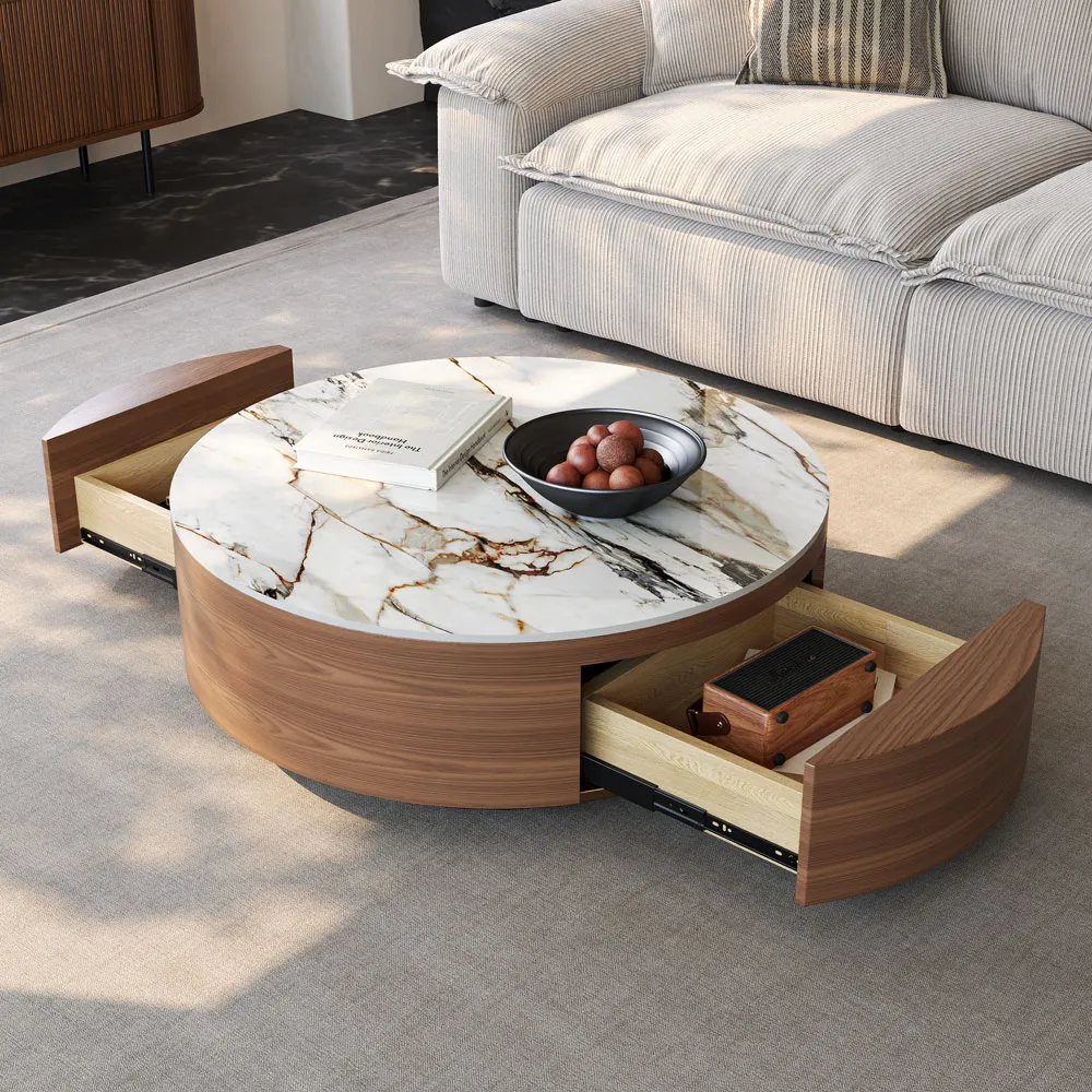 walnut and white round drum sintered stone coffee table 90cm