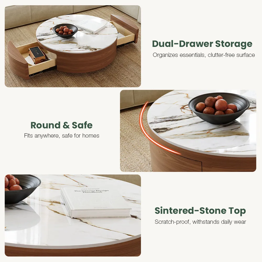 walnut and white round drum sintered stone coffee table 90cm