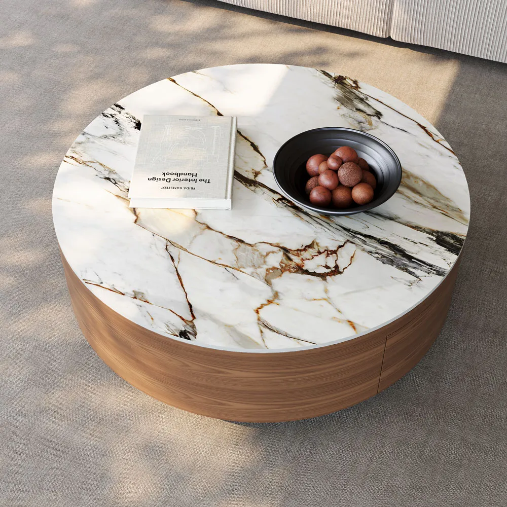 walnut and white round drum sintered stone coffee table 90cm