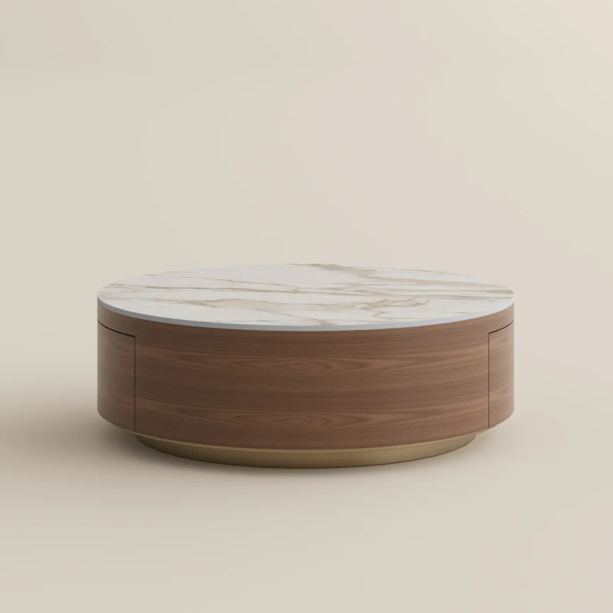 walnut and white round drum sintered stone coffee table 90cm