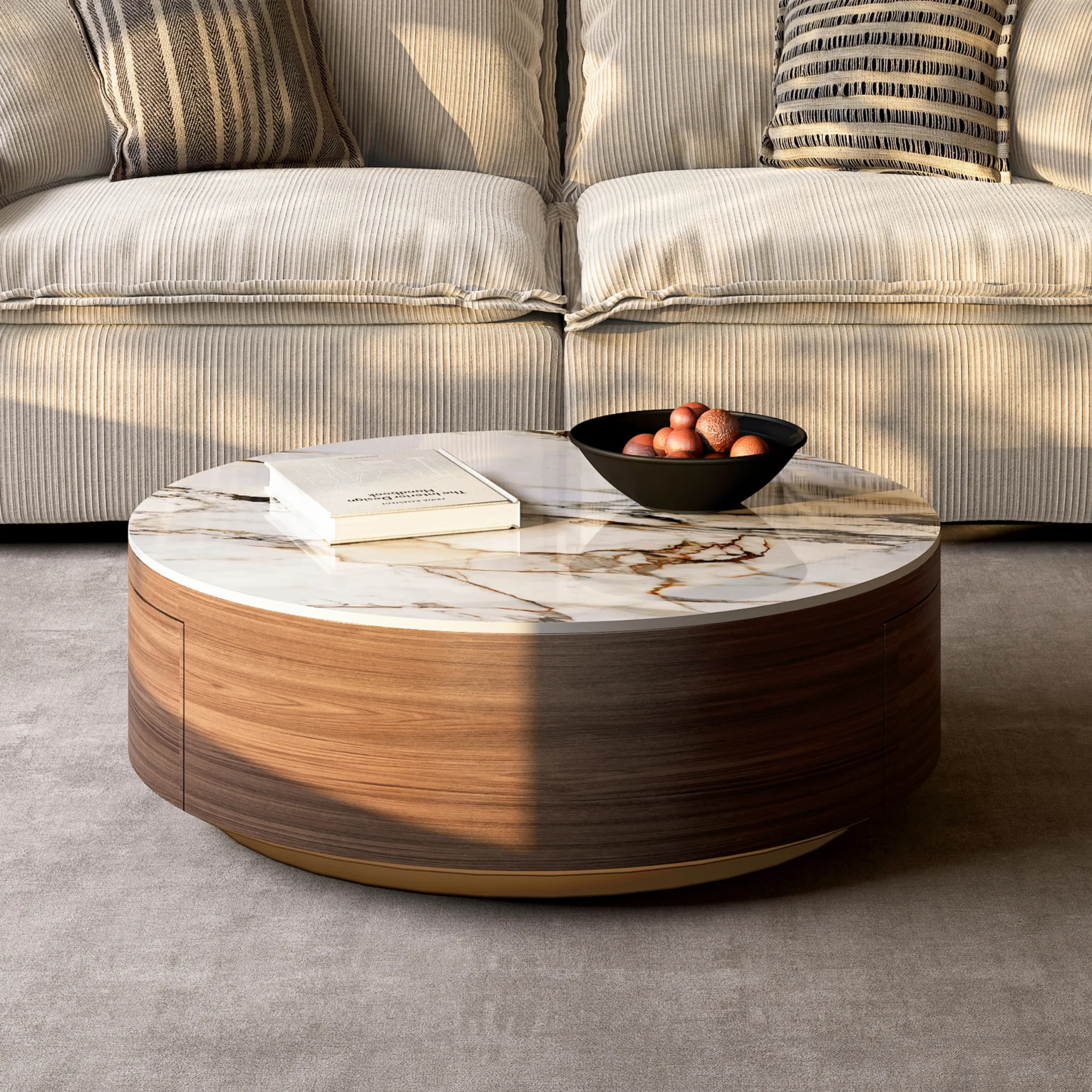 walnut and white round drum sintered stone coffee table 90cm