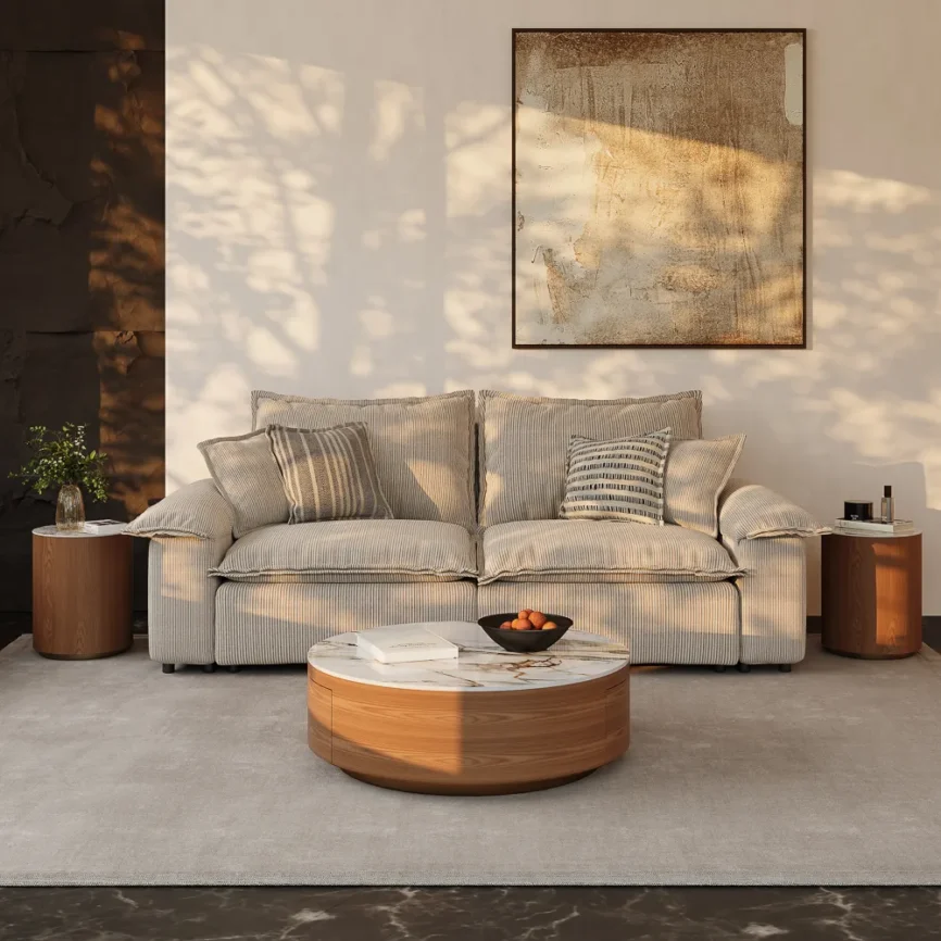 walnut and white round drum sintered stone coffee table 90cm