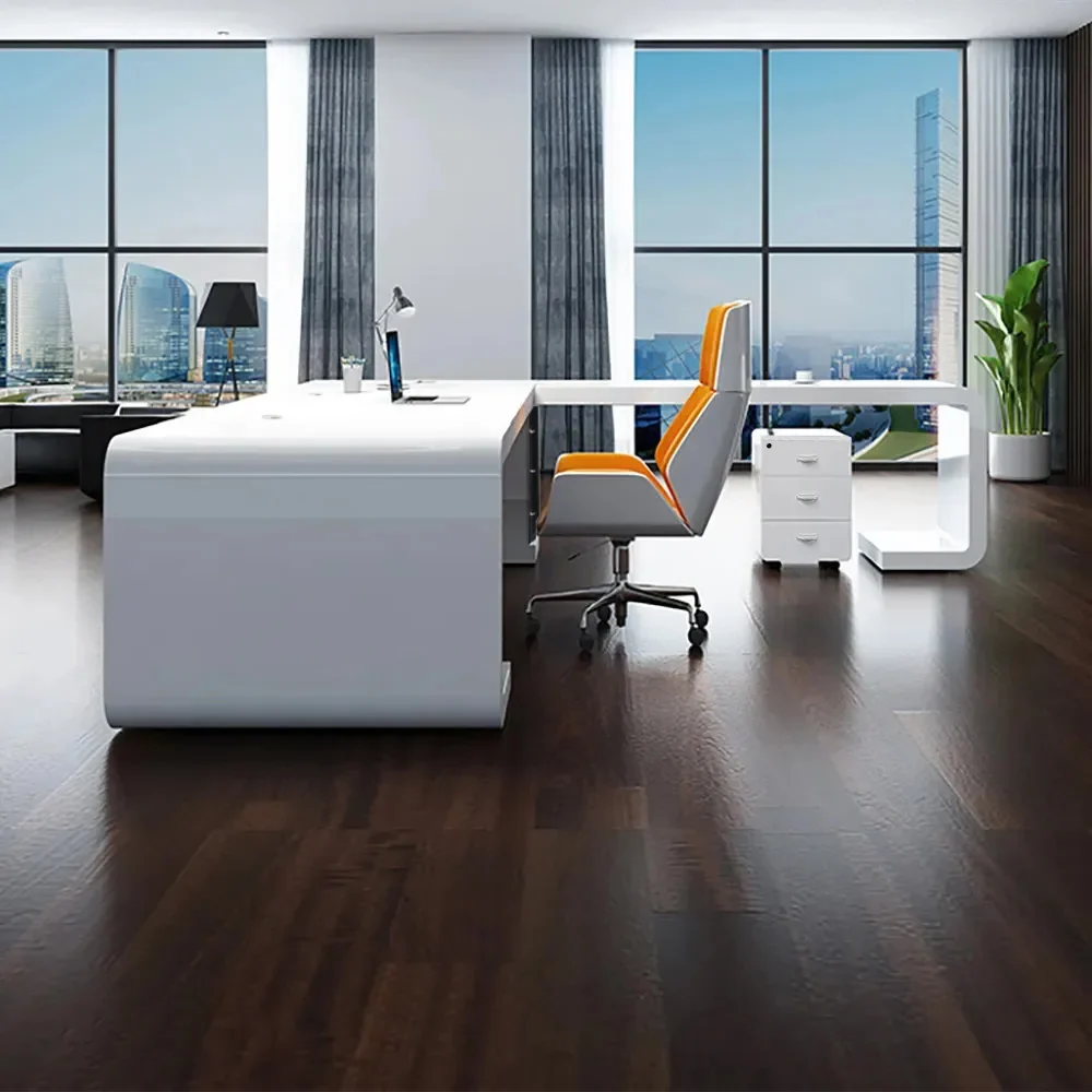 240cm L-shaped modern executive desk in white and black with rounded corners, silent-slide drawers, and spacious surface for monitors and office essentials.