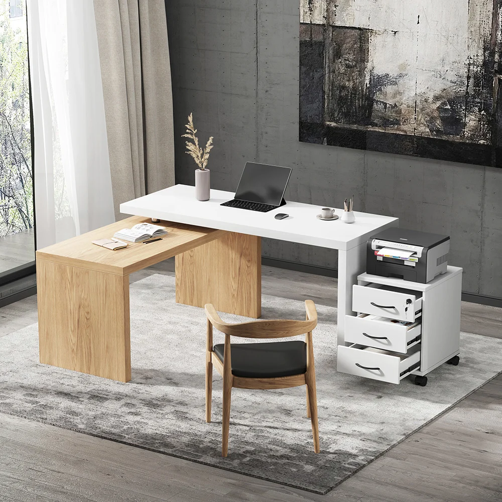 AERO rotatable L-shaped executive desk in engineered wood, 152 cm wide, with movable file cabinet, three drawers, and modern white/natural finish.