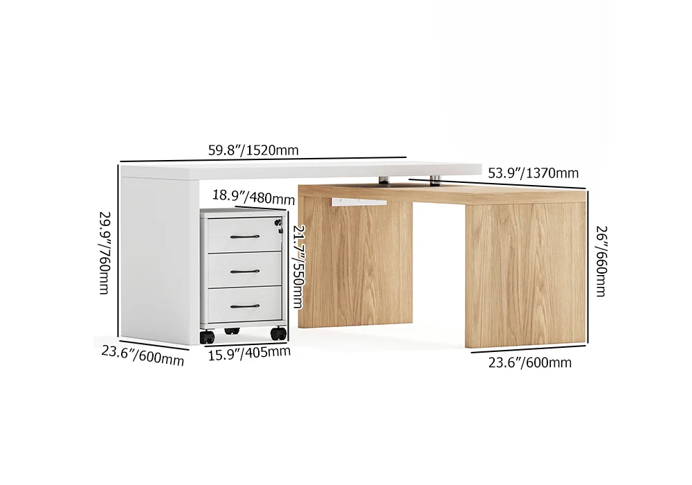 AERO rotatable L-shaped executive desk in engineered wood, 152 cm wide, with movable file cabinet, three drawers, and modern white/natural finish.