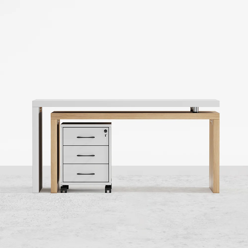 AERO rotatable L-shaped executive desk in engineered wood, 152 cm wide, with movable file cabinet, three drawers, and modern white/natural finish.