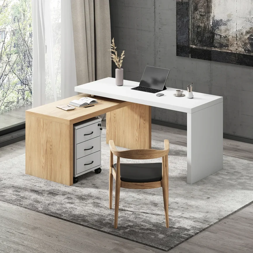 AERO rotatable L-shaped executive desk in engineered wood, 152 cm wide, with movable file cabinet, three drawers, and modern white/natural finish.