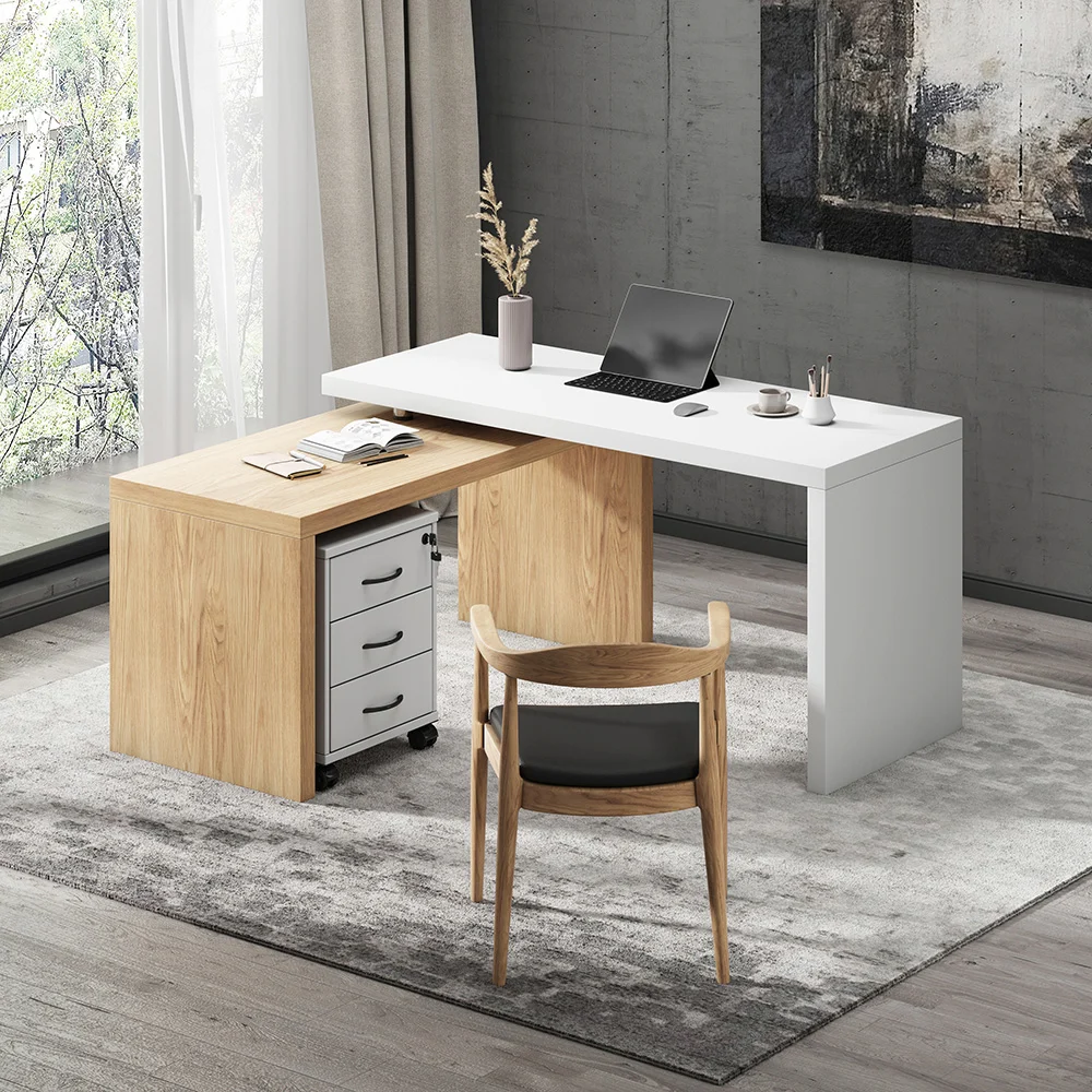 AERO rotatable L-shaped executive desk in engineered wood, 152 cm wide, with movable file cabinet, three drawers, and modern white/natural finish.