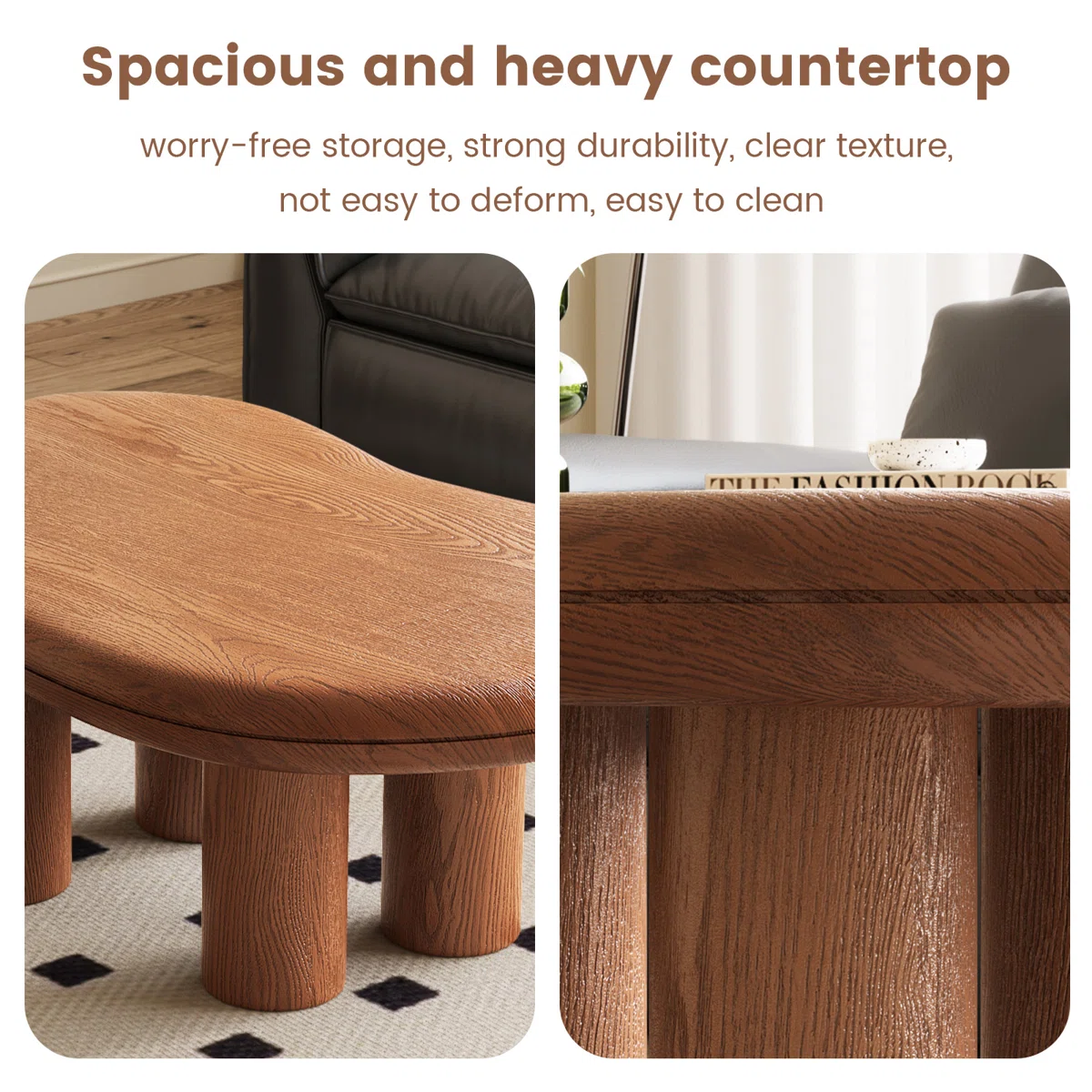 Arden Freeform Coffee Table in brown finish with irregular silhouette, stain- and scratch-resistant manufactured wood construction