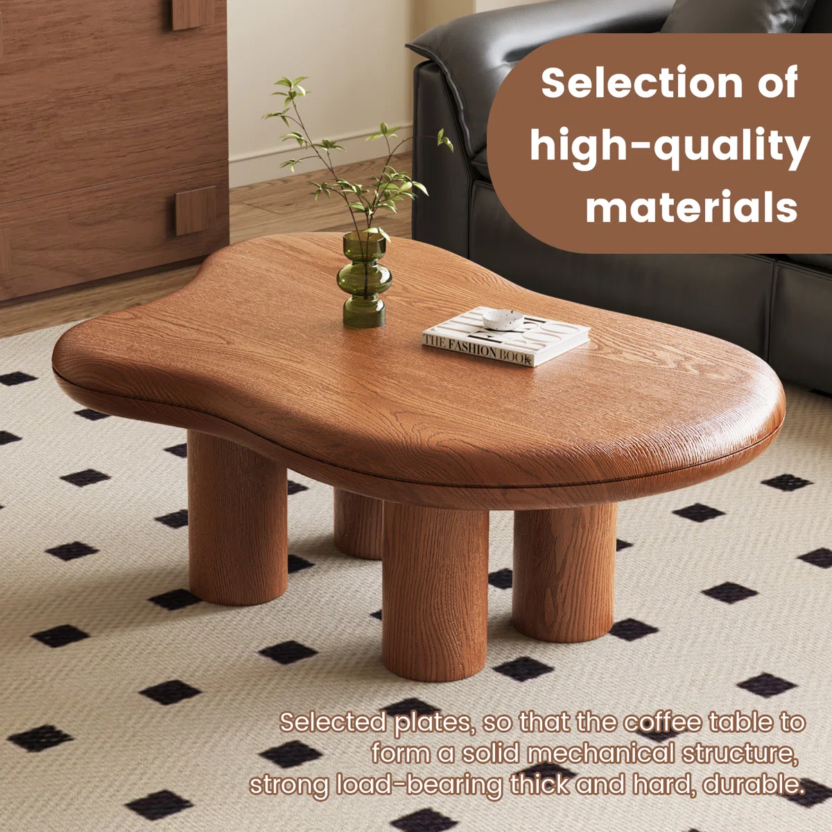 Arden Freeform Coffee Table in brown finish with irregular silhouette, stain- and scratch-resistant manufactured wood construction