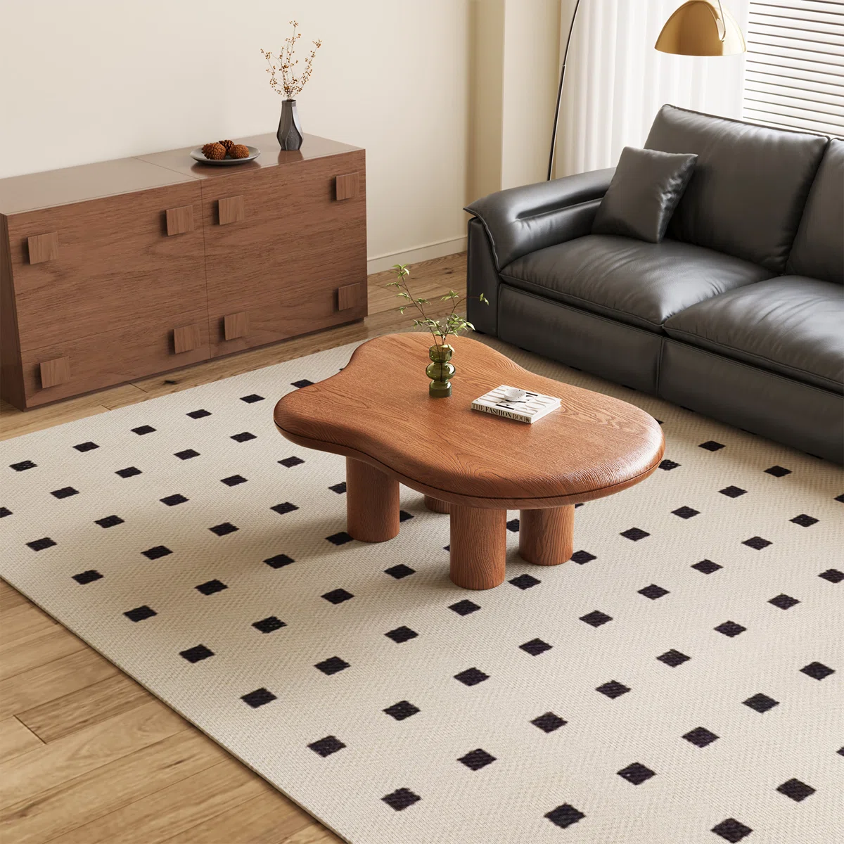 Arden Freeform Coffee Table in brown finish with irregular silhouette, stain- and scratch-resistant manufactured wood construction