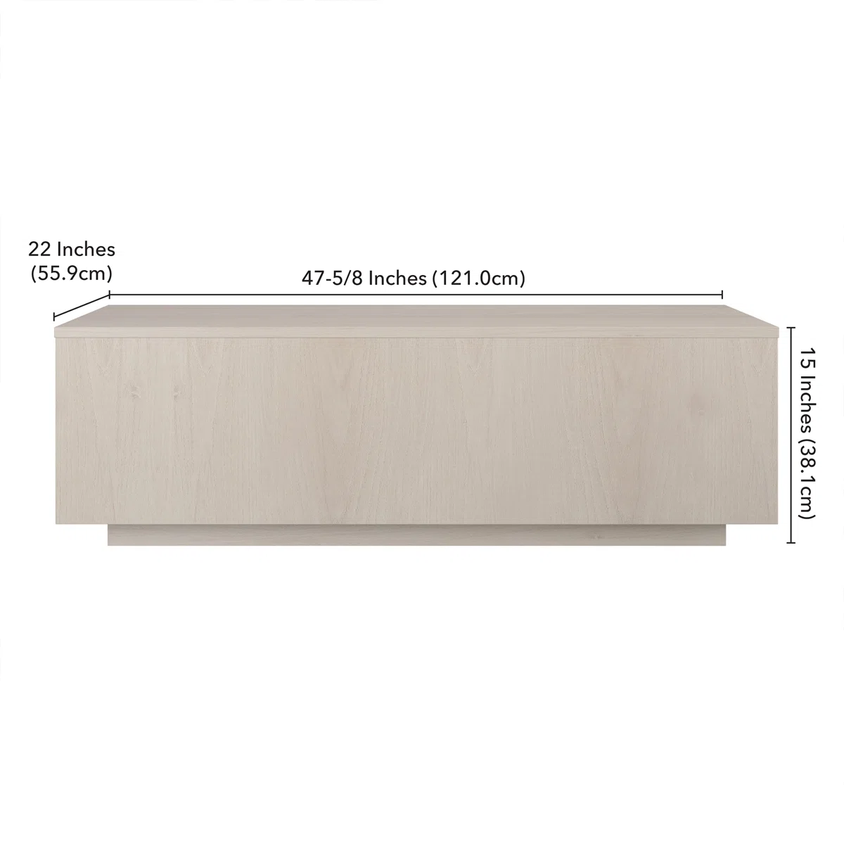 Arden Low-Profile Coffee Table in wood-grain finish, rectangular design with solid apron base, 38 cm tall, styled in a modern living room.