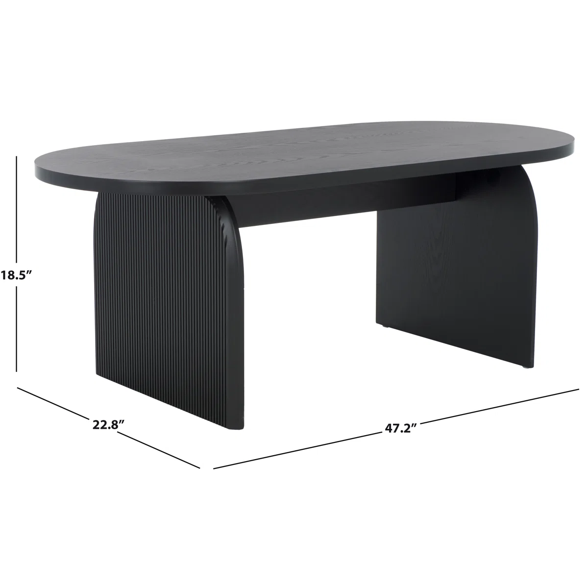 Oval engineered wood coffee table with ribbed sled legs and wide tabletop