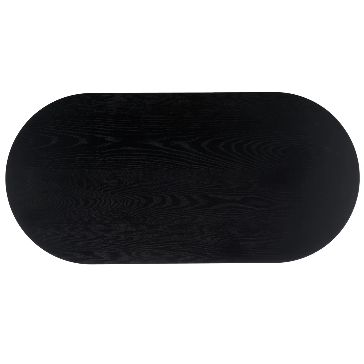 Oval engineered wood coffee table with ribbed sled legs and wide tabletop