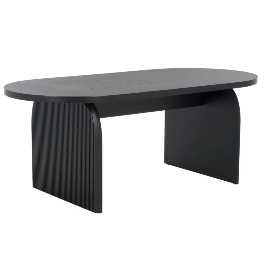 Oval engineered wood coffee table with ribbed sled legs and wide tabletop