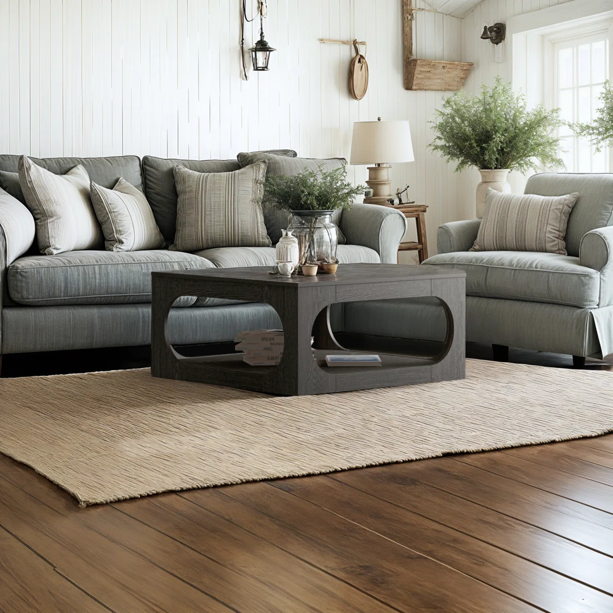 Square coffee table with oval cutout sides, spacious tabletop, and lower storage shelf, finished in modern gray with block feet.