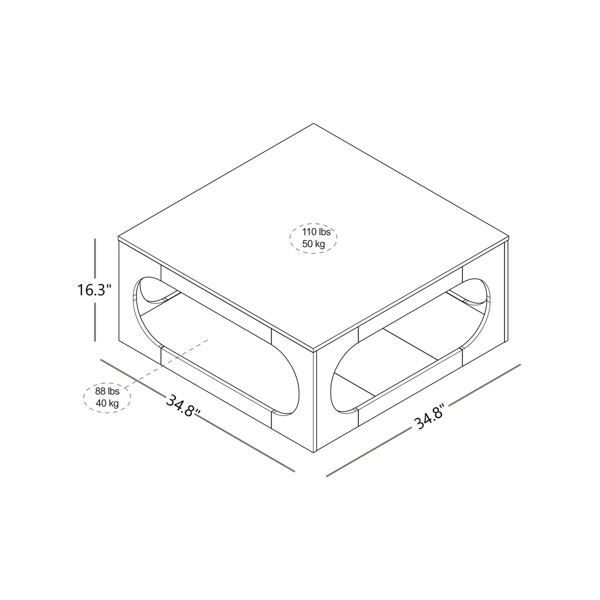 Square coffee table with oval cutout sides, spacious tabletop, and lower storage shelf, finished in modern gray with block feet.