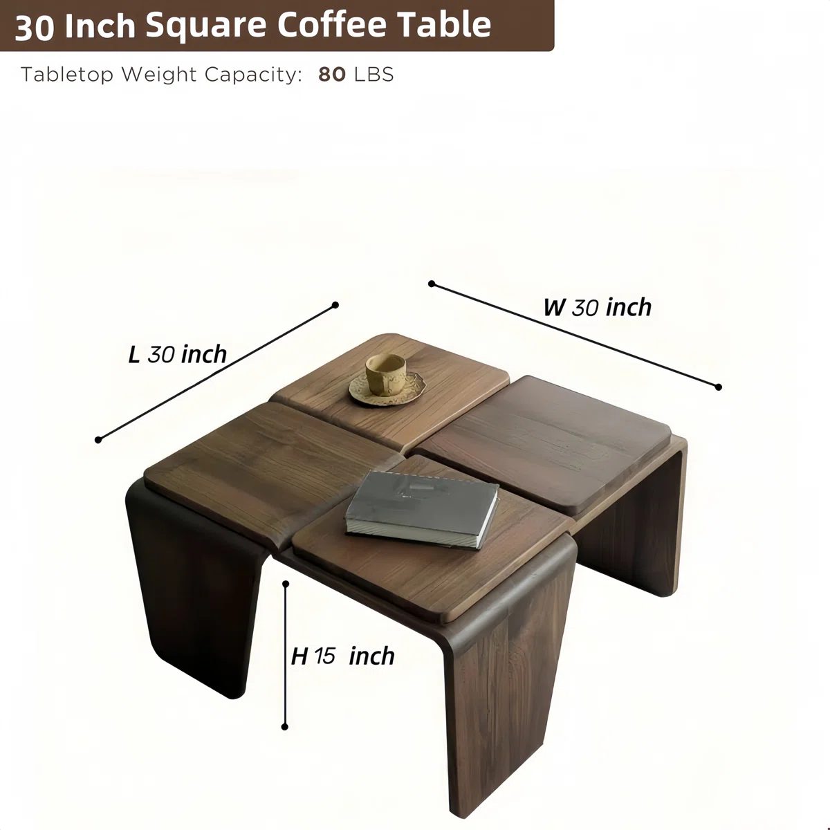 Arden Walnut Square Coffee Table made of solid walnut wood with distressed finish, geometric design, and sturdy square legs