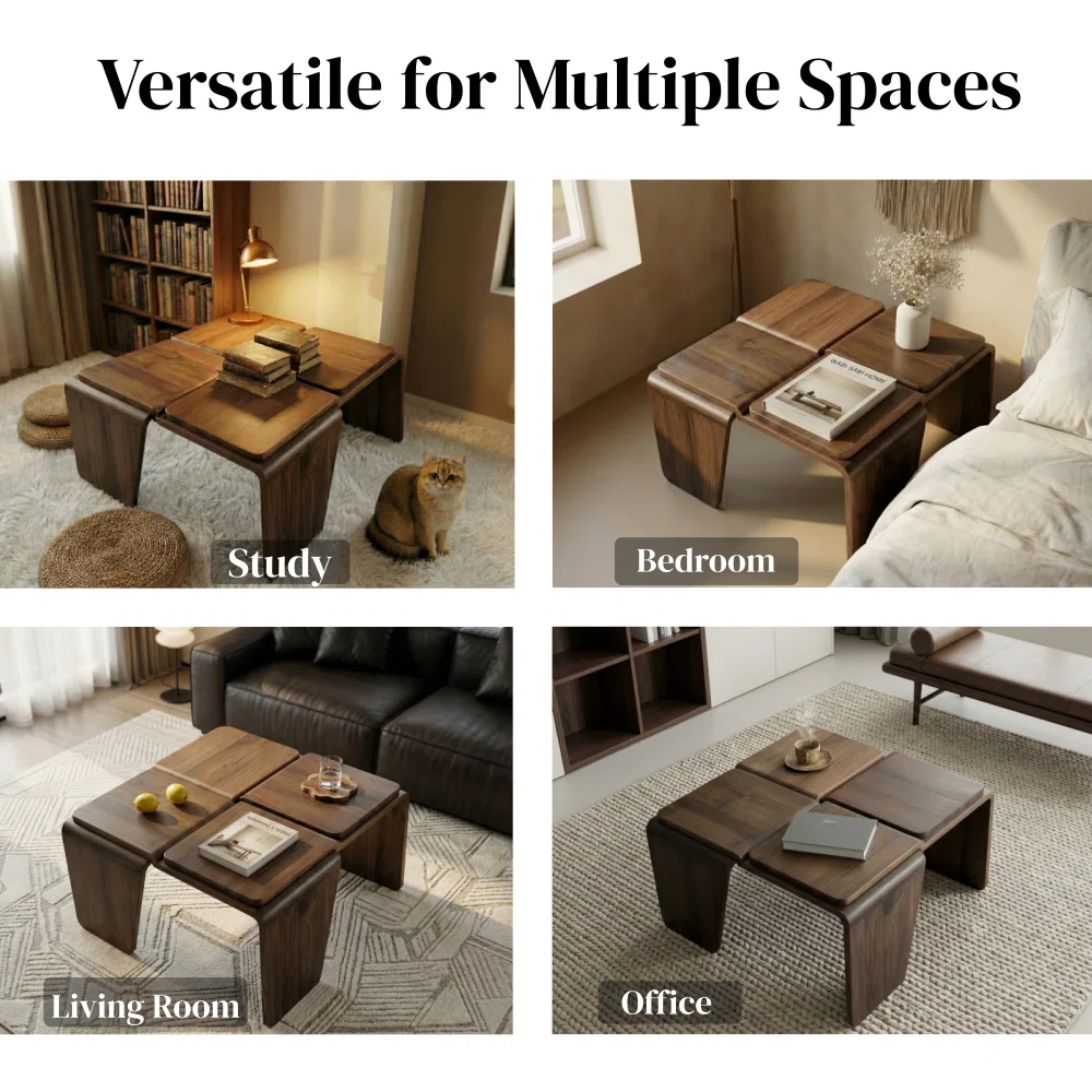 Arden Walnut Square Coffee Table made of solid walnut wood with distressed finish, geometric design, and sturdy square legs