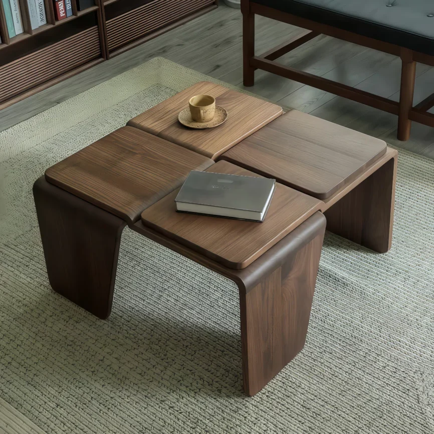 Arden Walnut Square Coffee Table made of solid walnut wood with distressed finish, geometric design, and sturdy square legs