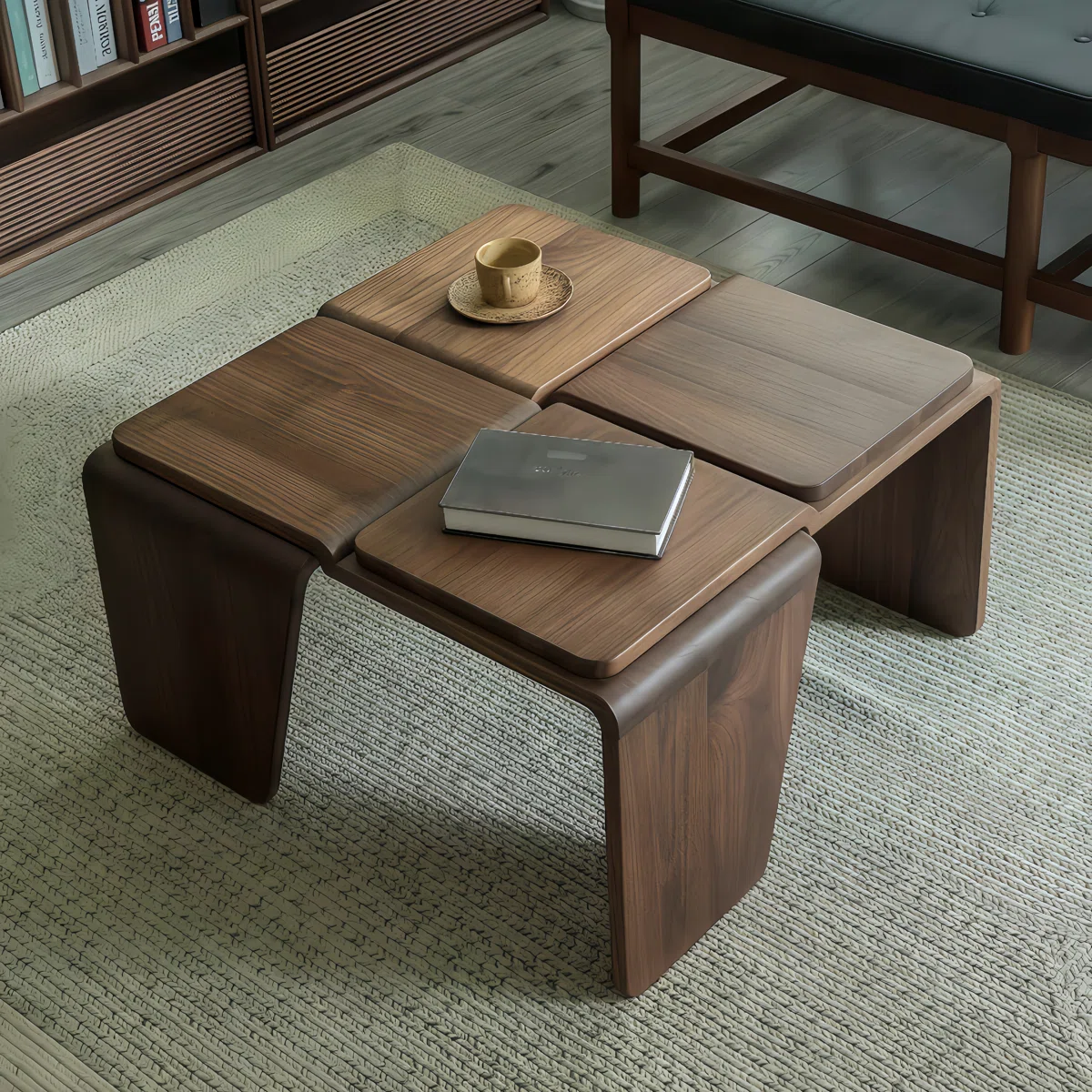 Arden Walnut Square Coffee Table made of solid walnut wood with distressed finish, geometric design, and sturdy square legs