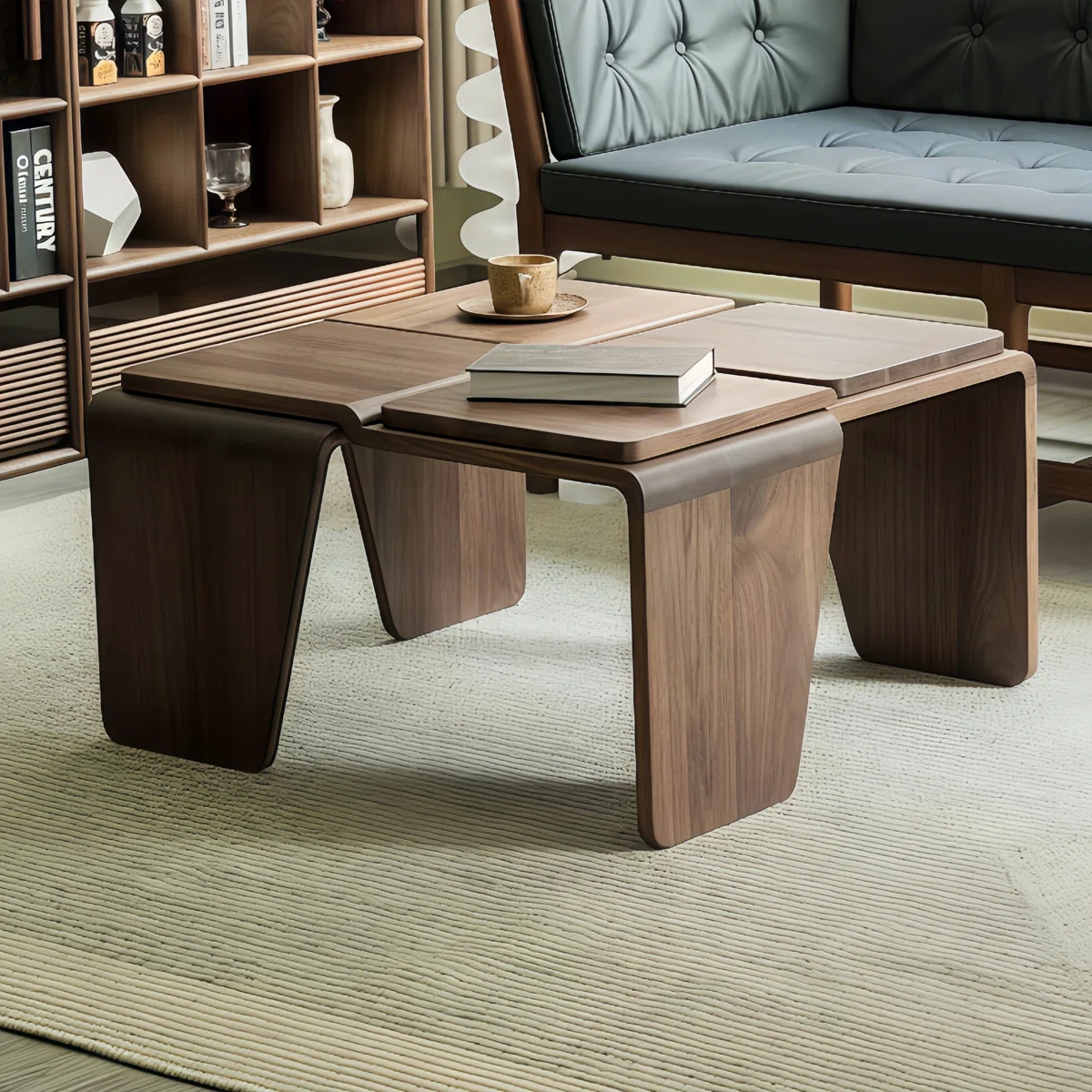 Arden Walnut Square Coffee Table made of solid walnut wood with distressed finish, geometric design, and sturdy square legs