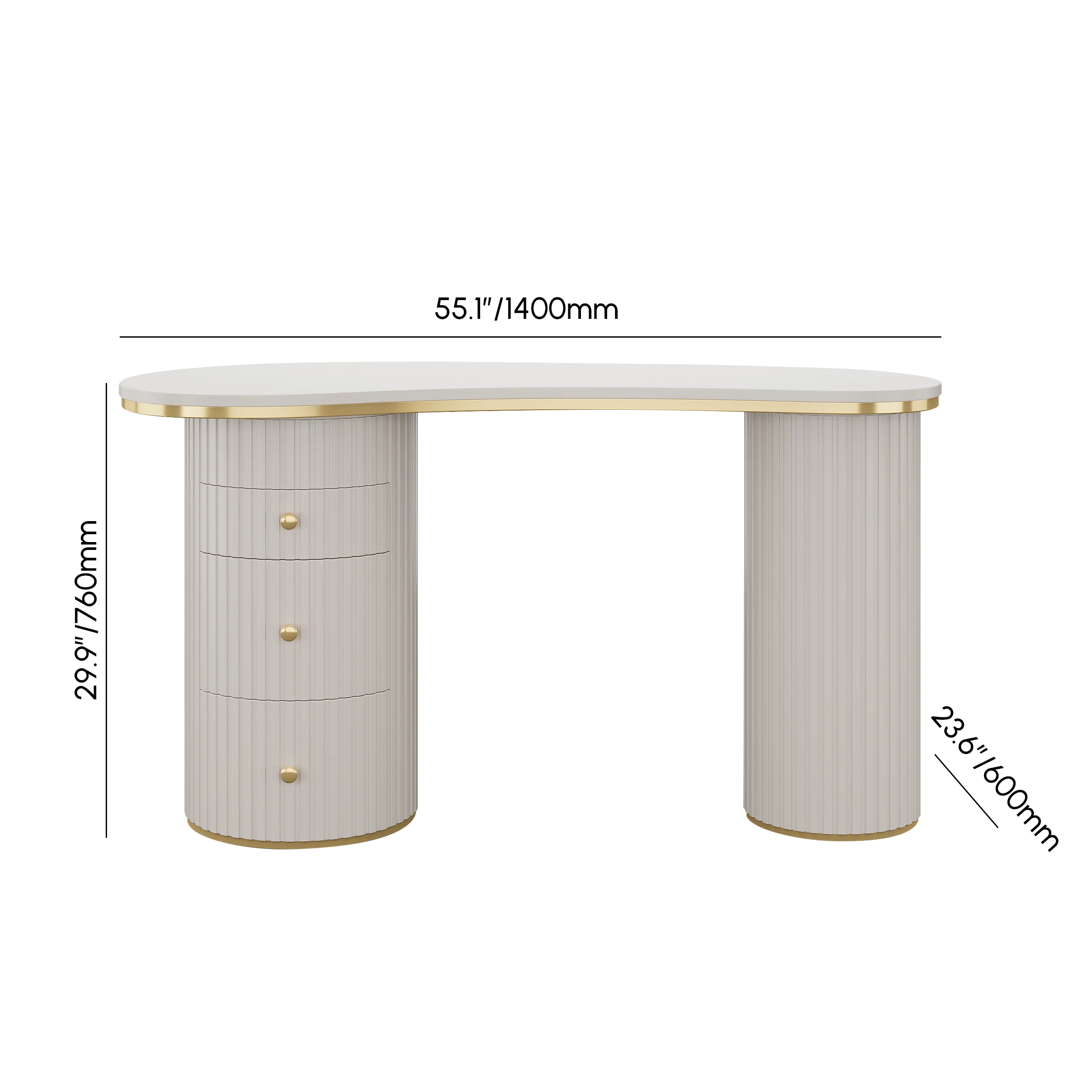 Aria Curva modern off-white curved desk with three drawers and double pedestal base, 140 cm wide, crafted from engineered wood for durability and style
