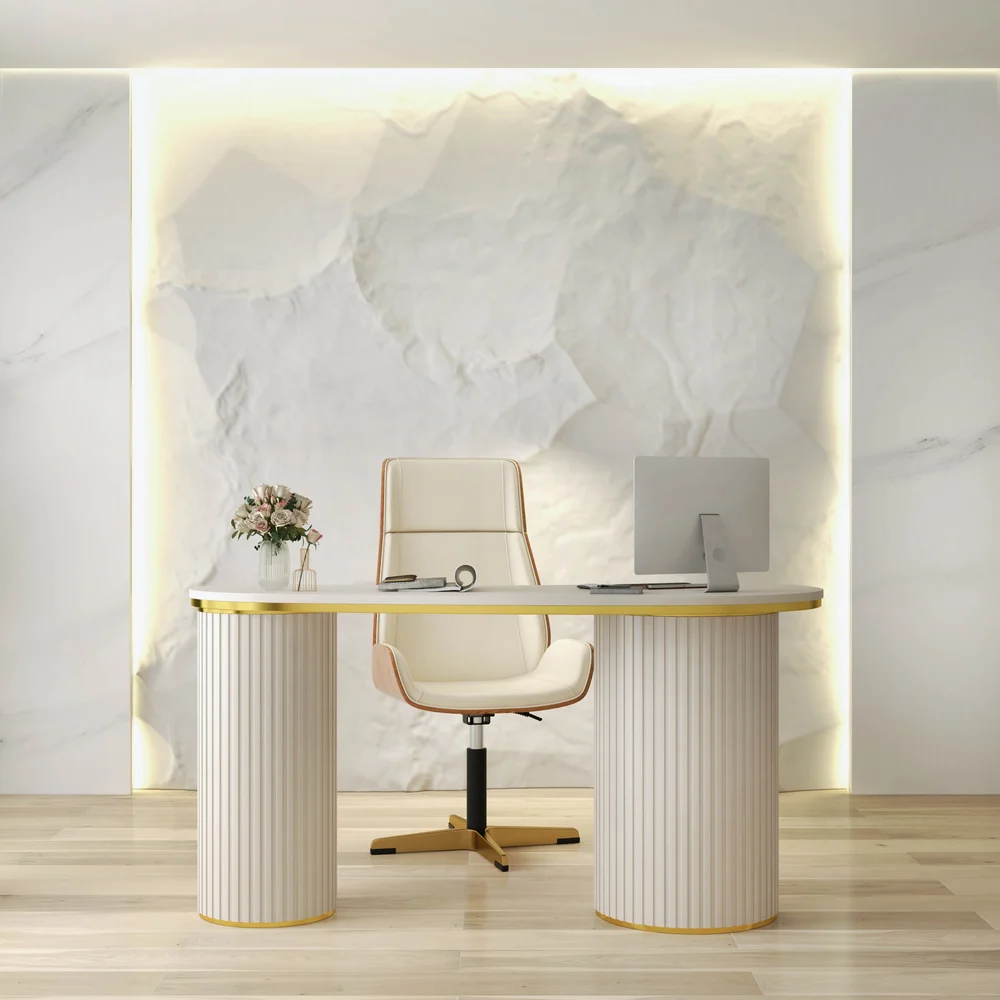 Aria Curva modern off-white curved desk with three drawers and double pedestal base, 140 cm wide, crafted from engineered wood for durability and style