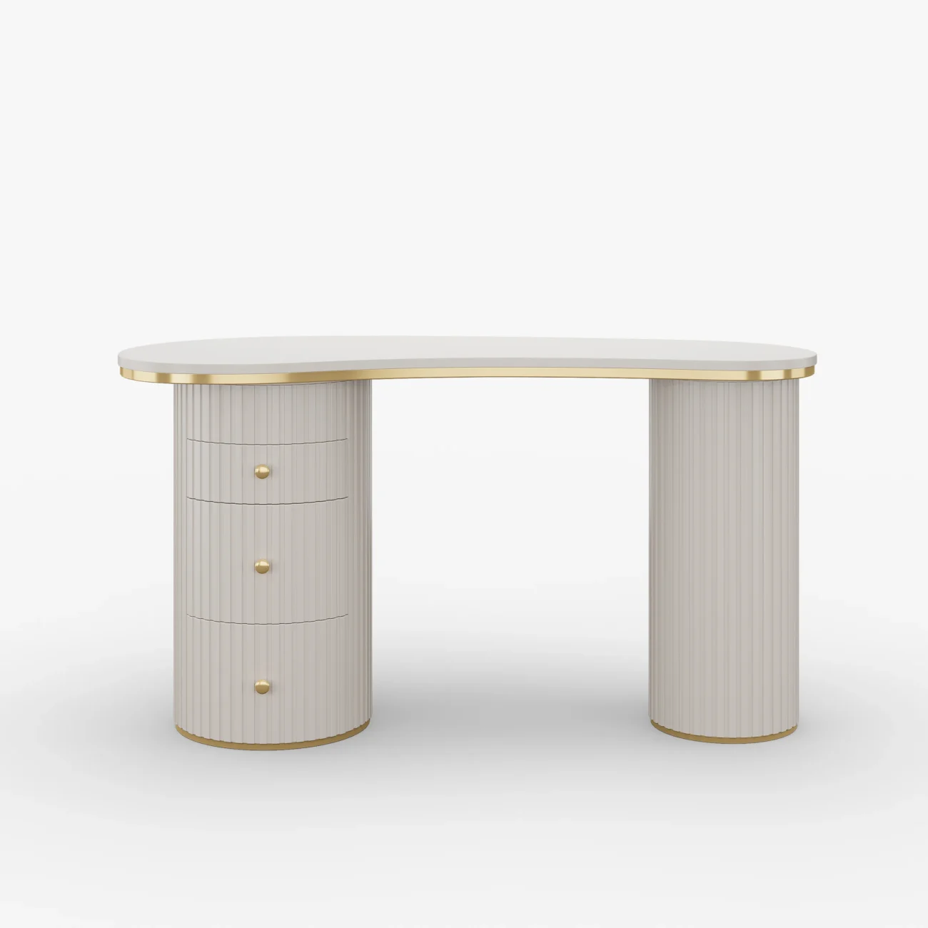 Aria Curva modern off-white curved desk with three drawers and double pedestal base, 140 cm wide, crafted from engineered wood for durability and style