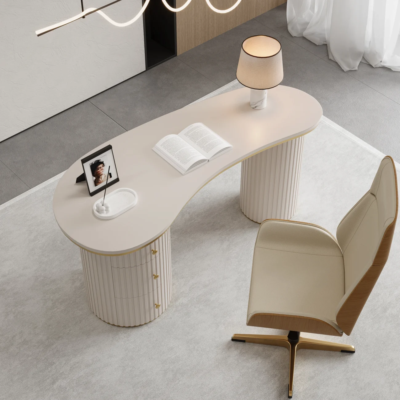 Aria Curva modern off-white curved desk with three drawers and double pedestal base, 140 cm wide, crafted from engineered wood for durability and style
