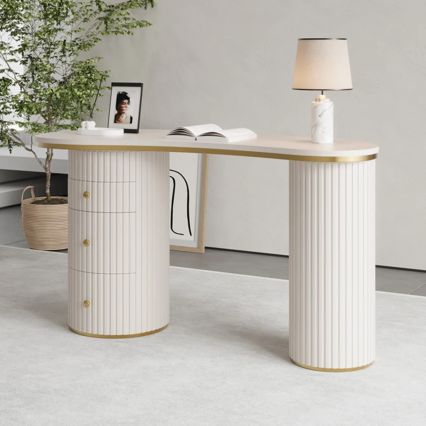 Aria Curva modern off-white curved desk with three drawers and double pedestal base, 140 cm wide, crafted from engineered wood for durability and style