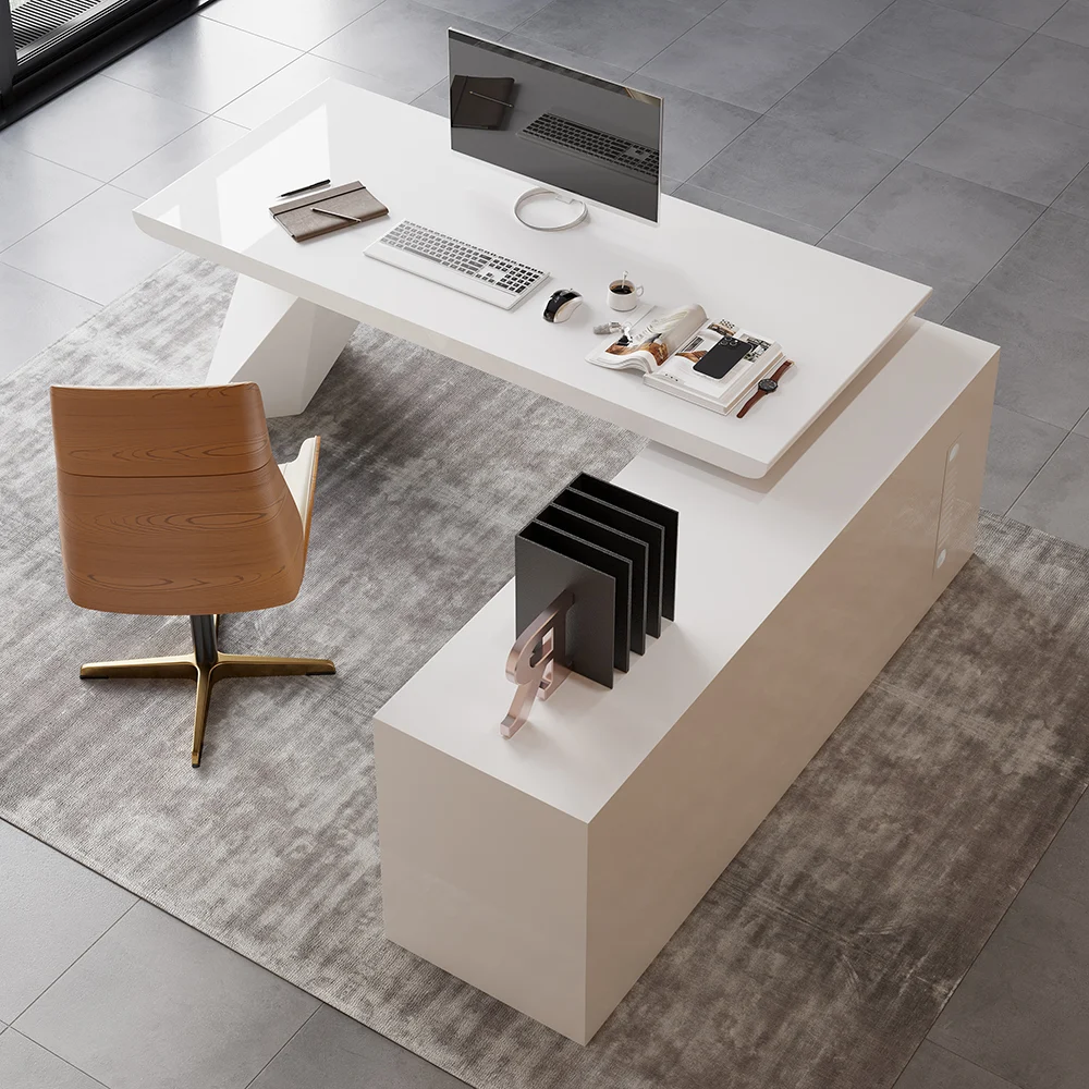 Curved white executive desk with 140 cm surface, three oval legs, and angled edges in modern style