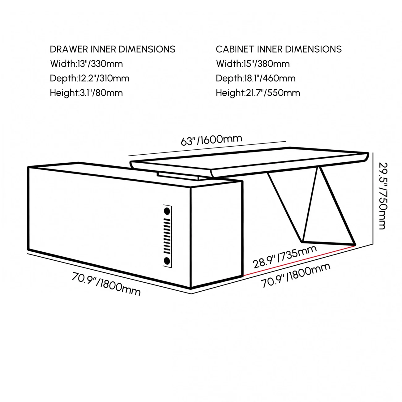 Modern white L-shaped executive desk with 180 cm surface, drawers, cabinet, and trestle base