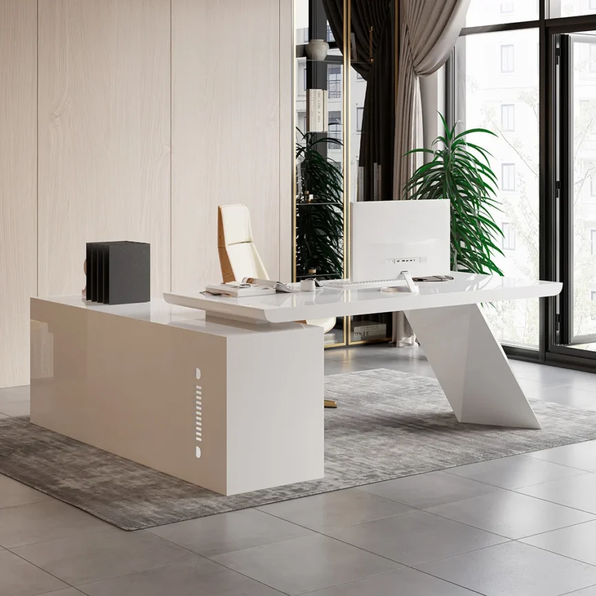 Modern white L-shaped executive desk with 180 cm surface, drawers, cabinet, and trestle base
