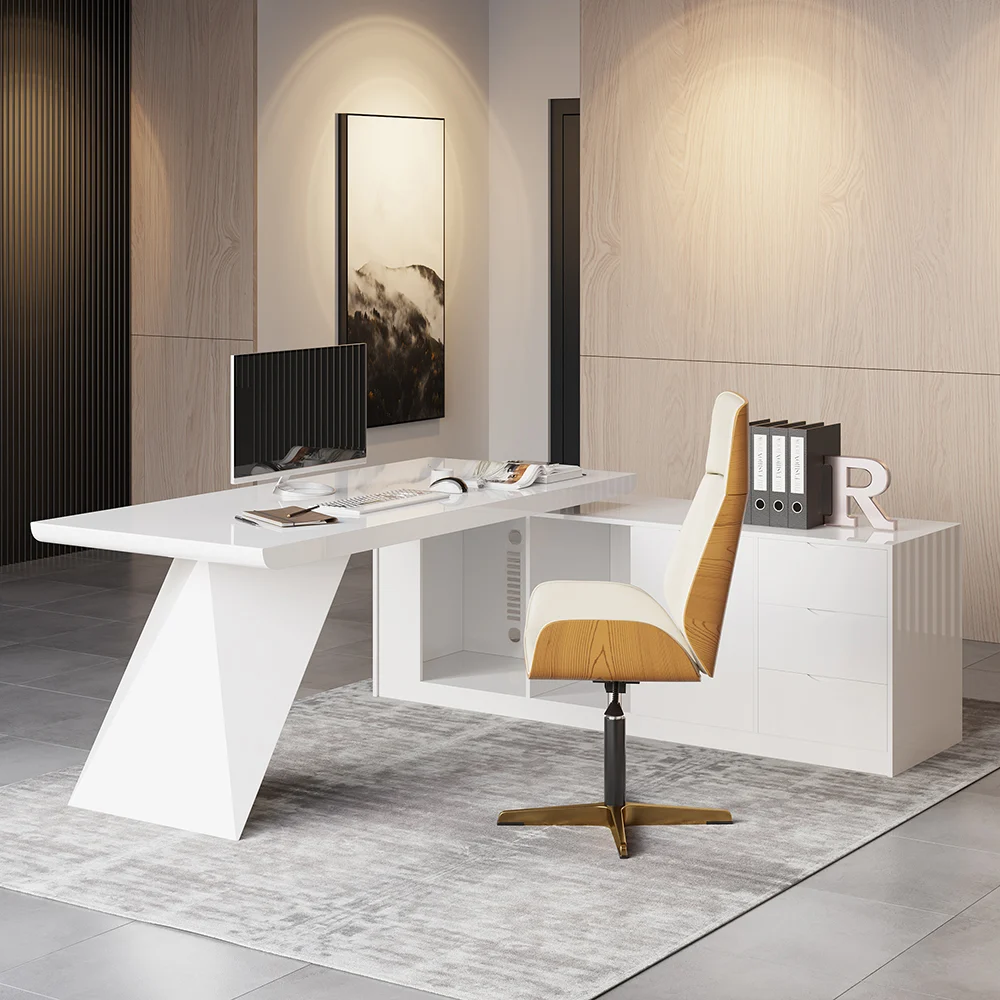 Modern white L-shaped executive desk with 180 cm surface, drawers, cabinet, and trestle base
