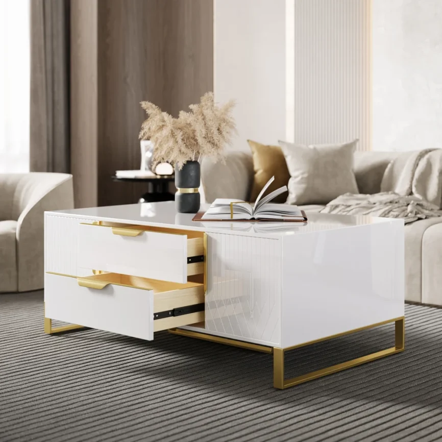 The Aro Luxe White Coffee Table is a refined blend of modern elegance and practical storage.