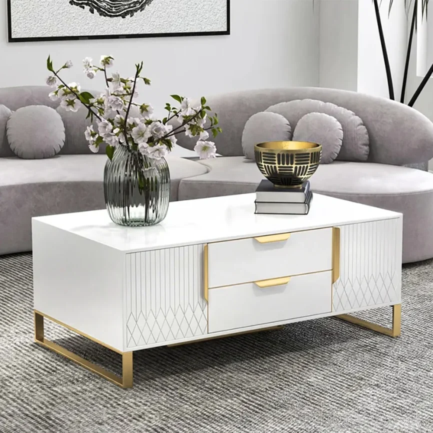The Aro Luxe White Coffee Table is a refined blend of modern elegance and practical storage.