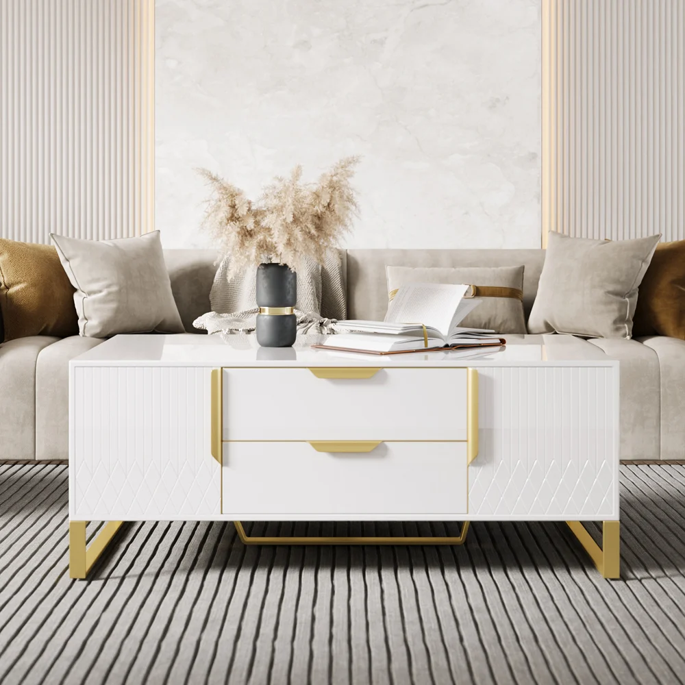 The Aro Luxe White Coffee Table is a refined blend of modern elegance and practical storage.