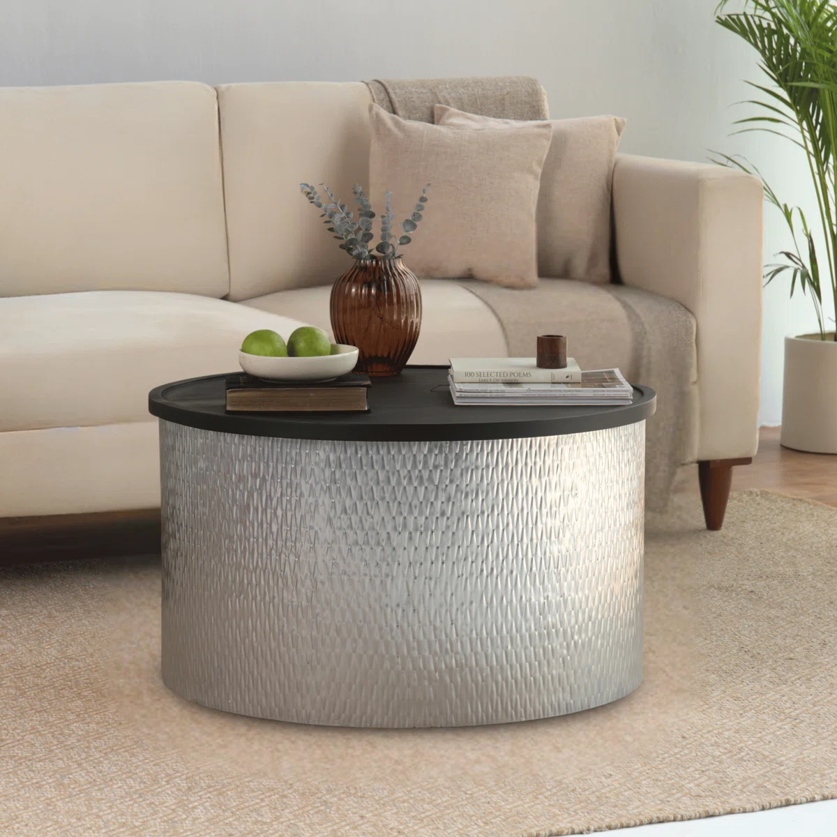 Aurea Cylindrical Coffee Table with matte black round top and hammered gold or silver cylindrical metal base, 81 cm diameter