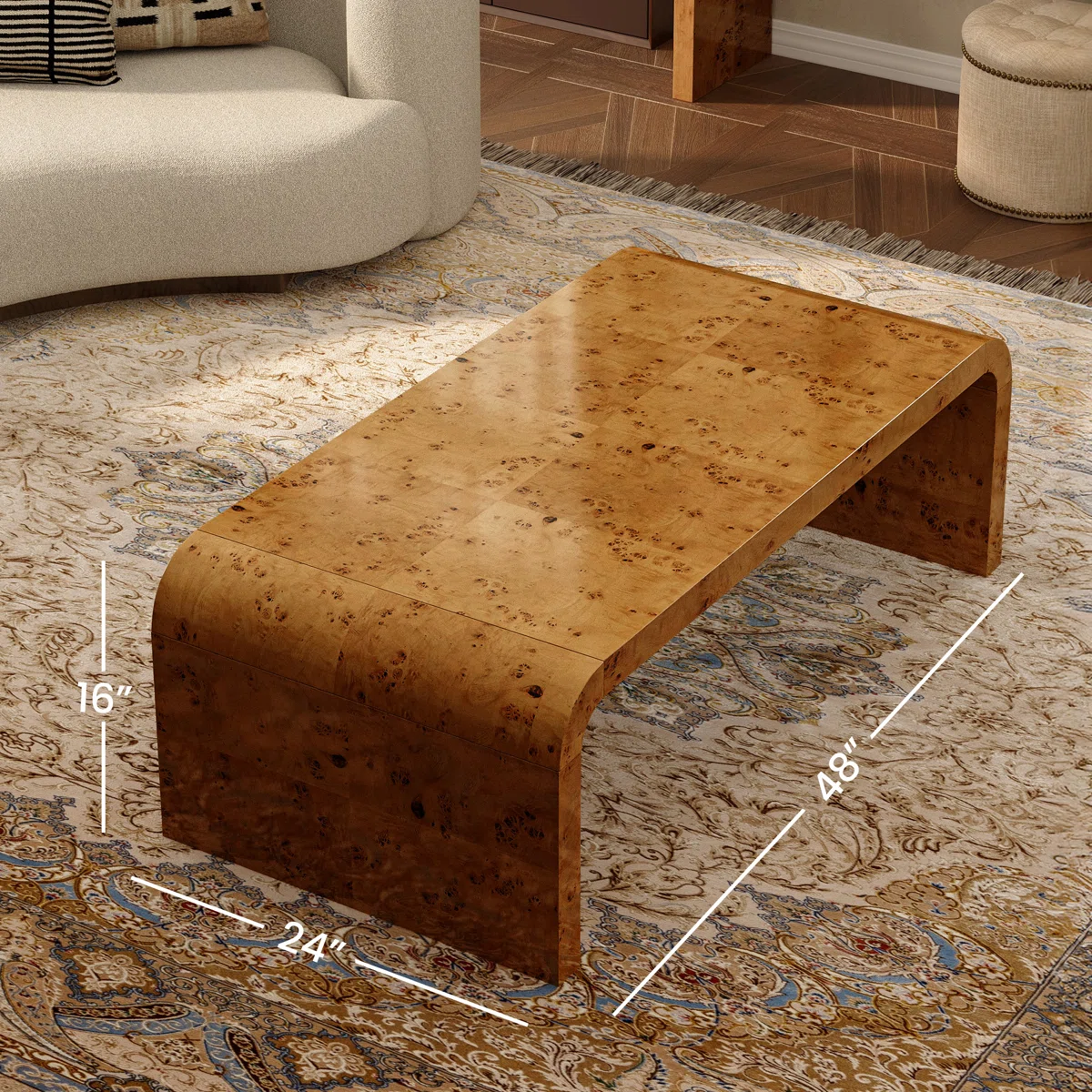 The Aurelia 122 cm Handcrafted Burl Wood Coffee Table is a statement of timeless artistry.
