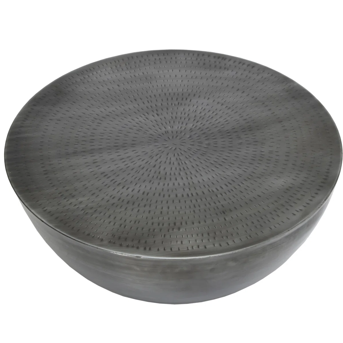 Aurelia Drum Coffee Table in solid iron with round silhouette and indented tabletop, modern minimalist design for living room