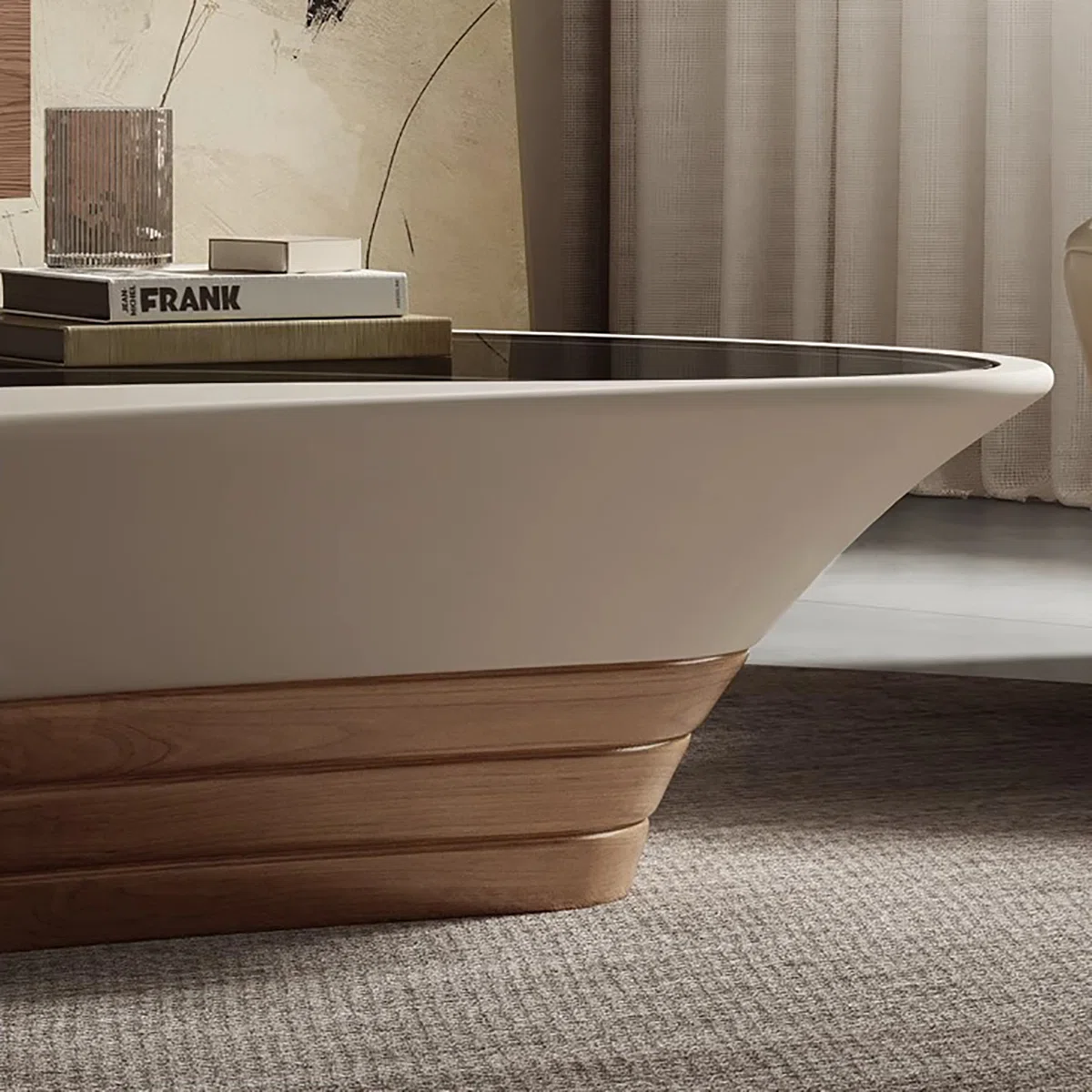 Aurelia Glass-Top Coffee Table with walnut veneer, tempered glass top, and rounded arc corners in a modern living room.