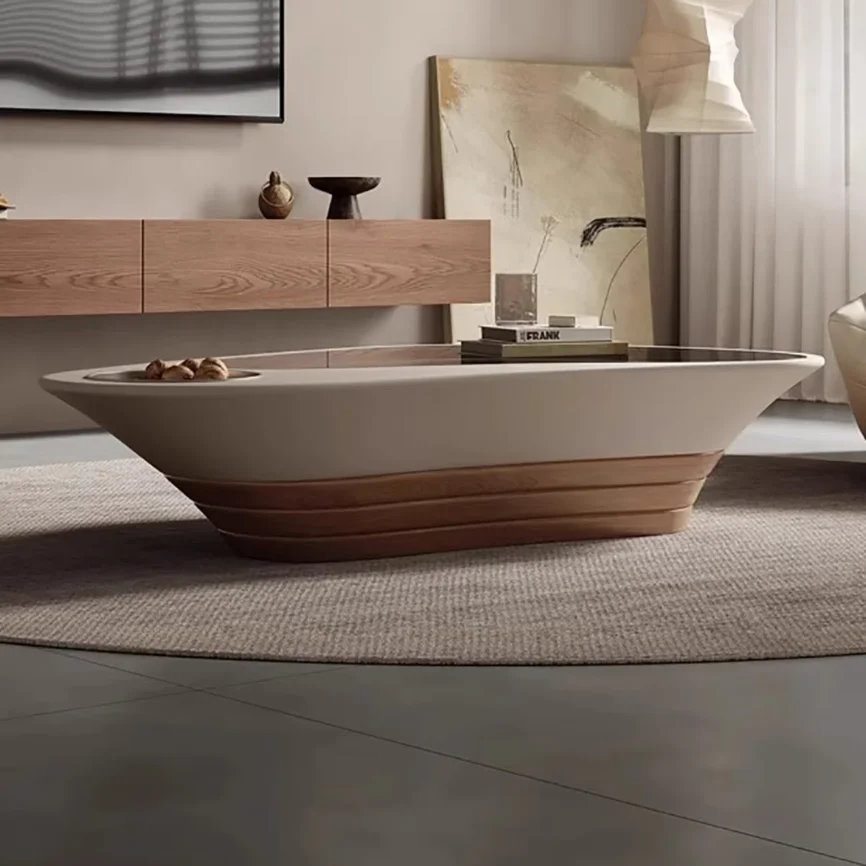 Aurelia Glass-Top Coffee Table with walnut veneer, tempered glass top, and rounded arc corners in a modern living room.